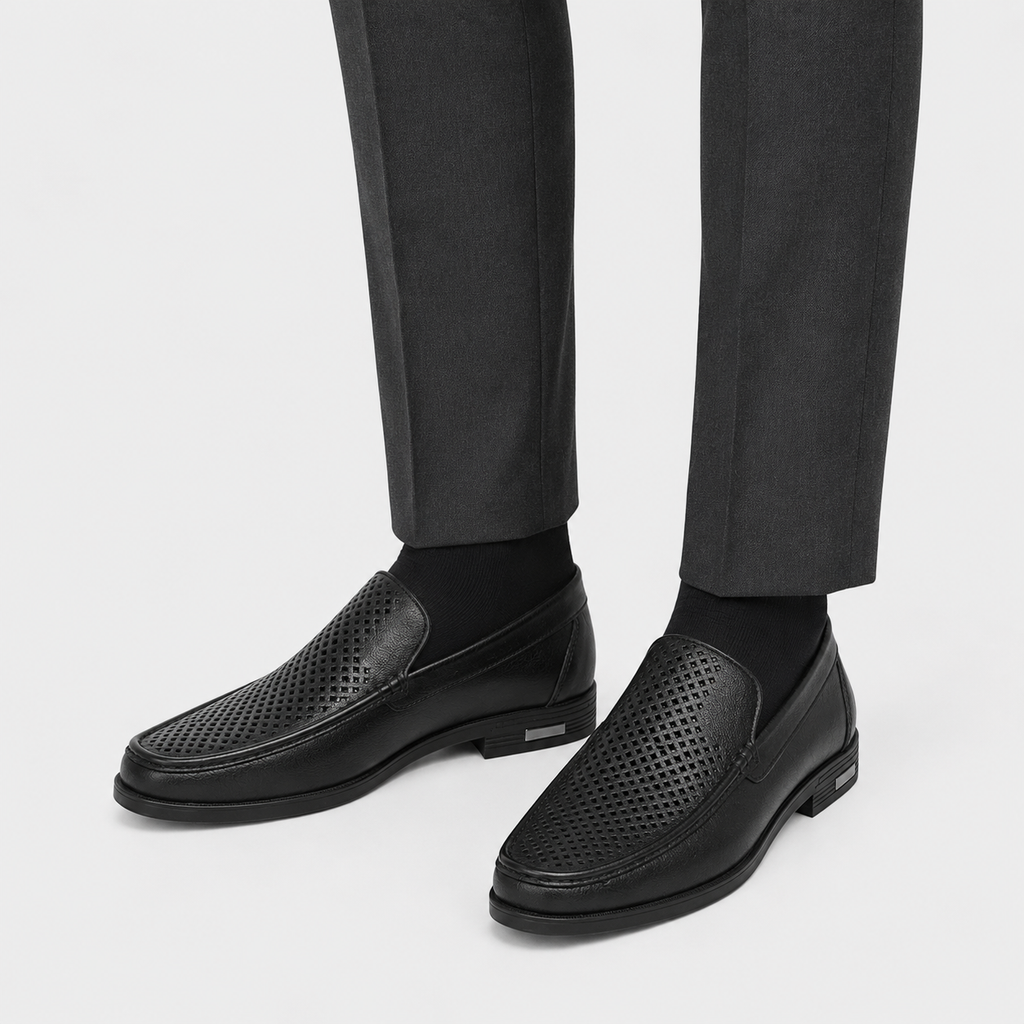 Mens Black Genuine Leather Loafers – Formal Dress Slip-On Office Wedding Driving Shoes
