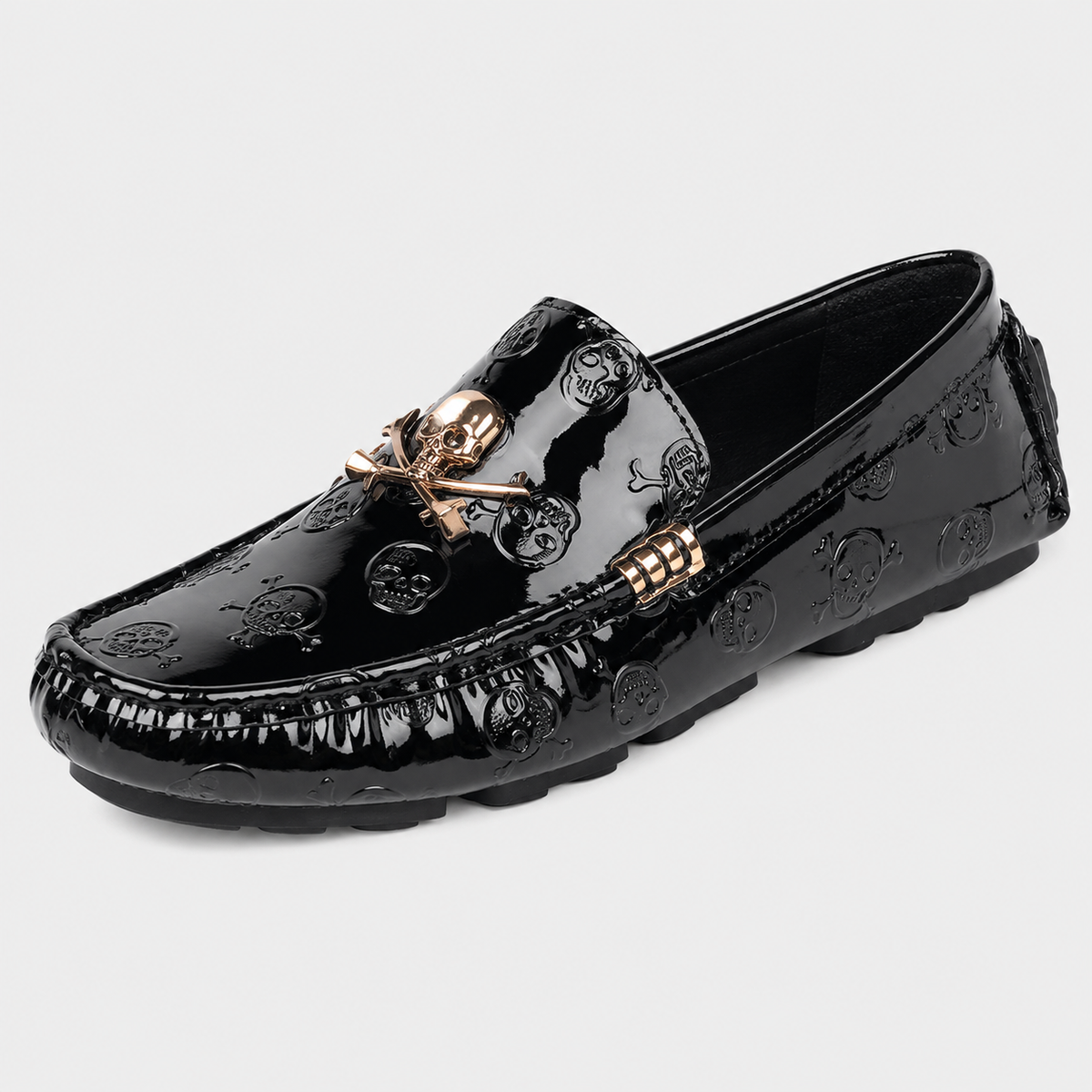 Mens Black Patent Leather Skull Loafers – Luxury Stylish Casual Slip-On Shoes