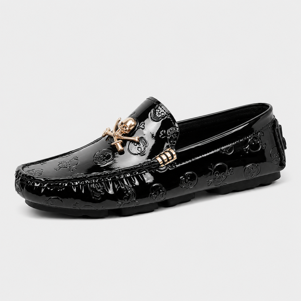 Mens Black Patent Leather Skull Loafers – Luxury Stylish Casual Slip-On Shoes