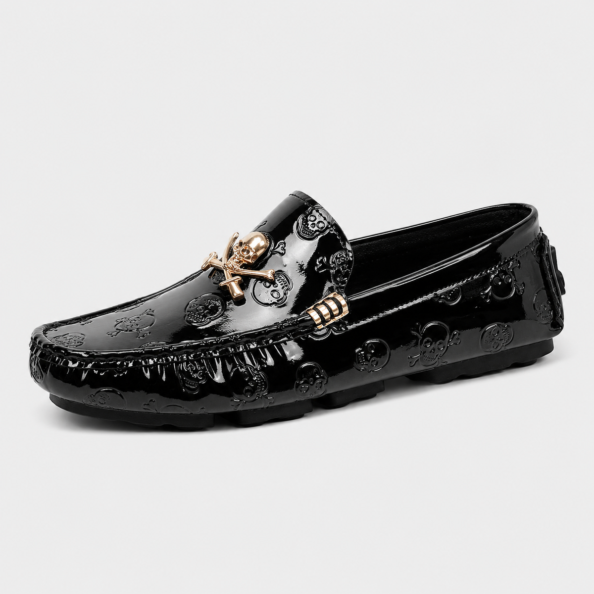 Mens Black Patent Leather Skull Loafers – Luxury Stylish Casual Slip-On Shoes