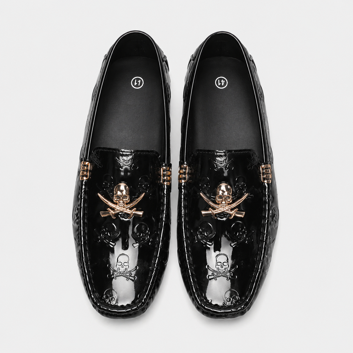 Mens Black Patent Leather Skull Loafers – Luxury Stylish Casual Slip-On Shoes