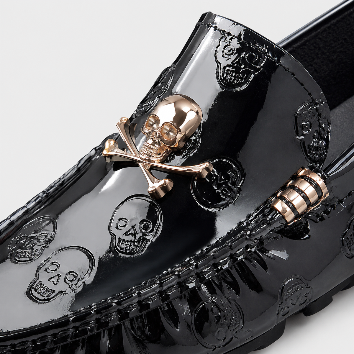 Mens Black Patent Leather Skull Loafers – Luxury Stylish Casual Slip-On Shoes
