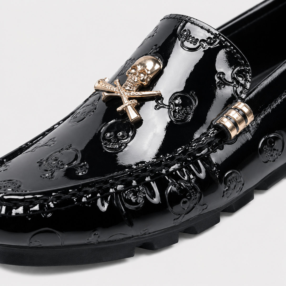 Mens Black Patent Leather Skull Loafers – Luxury Stylish Casual Slip-On Shoes