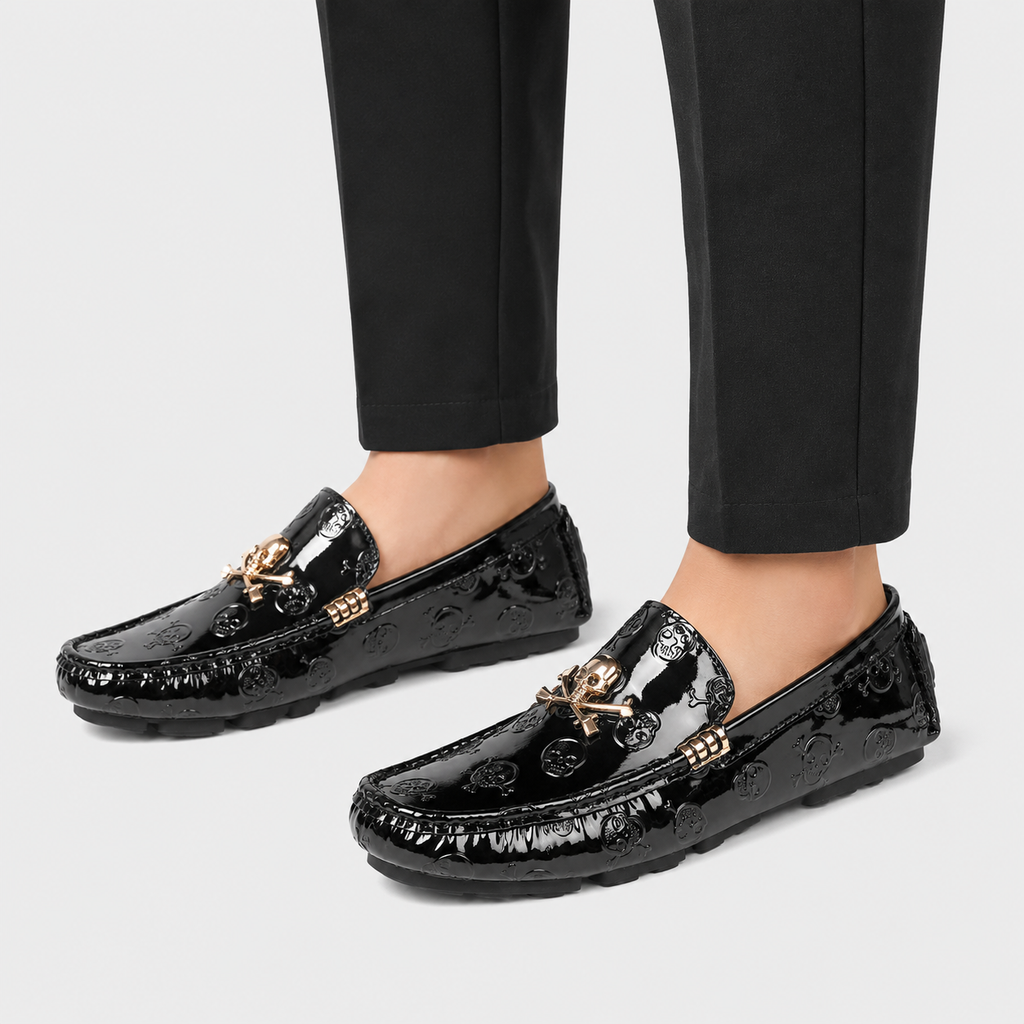 Mens Black Patent Leather Skull Loafers – Luxury Stylish Casual Slip-On Shoes