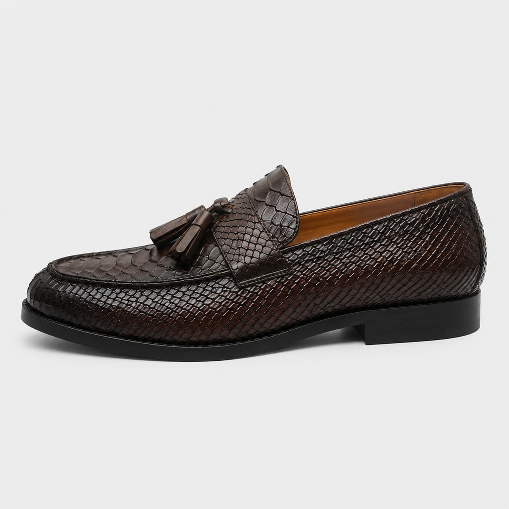 Mens Brown Genuine Leather Snake Print Tassel Loafers – Slip-On Wedding Office Dress Shoes