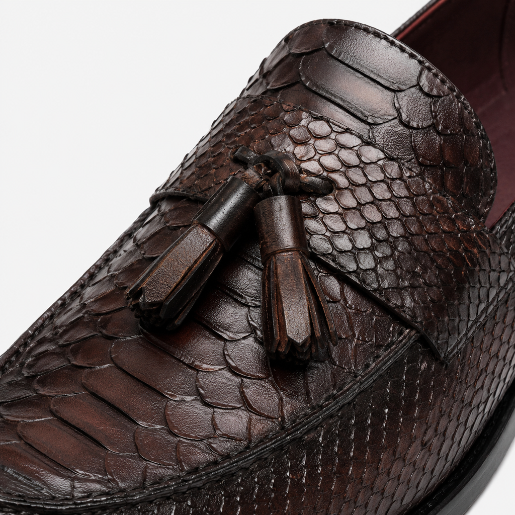 Mens Brown Genuine Leather Snake Print Tassel Loafers – Slip-On Wedding Office Dress Shoes
