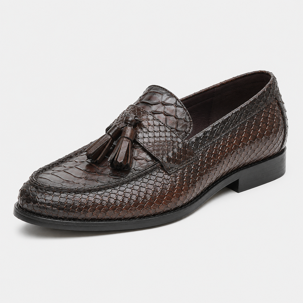 Mens Brown Genuine Leather Snake Print Tassel Loafers – Slip-On Wedding Office Dress Shoes