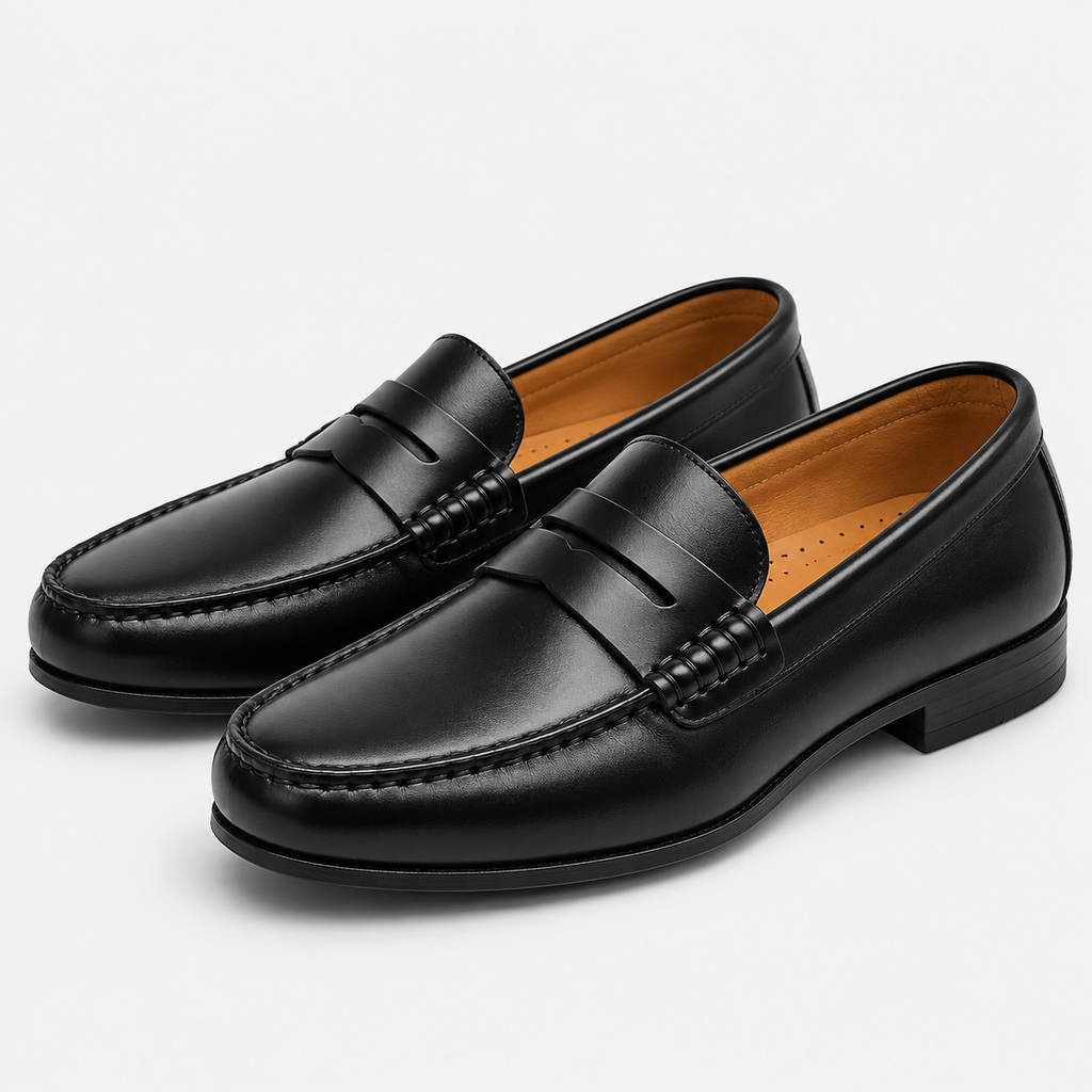 Mens Black Genuine Leather Penny Loafers – Slip-On Business Dress Wedding Office Shoes