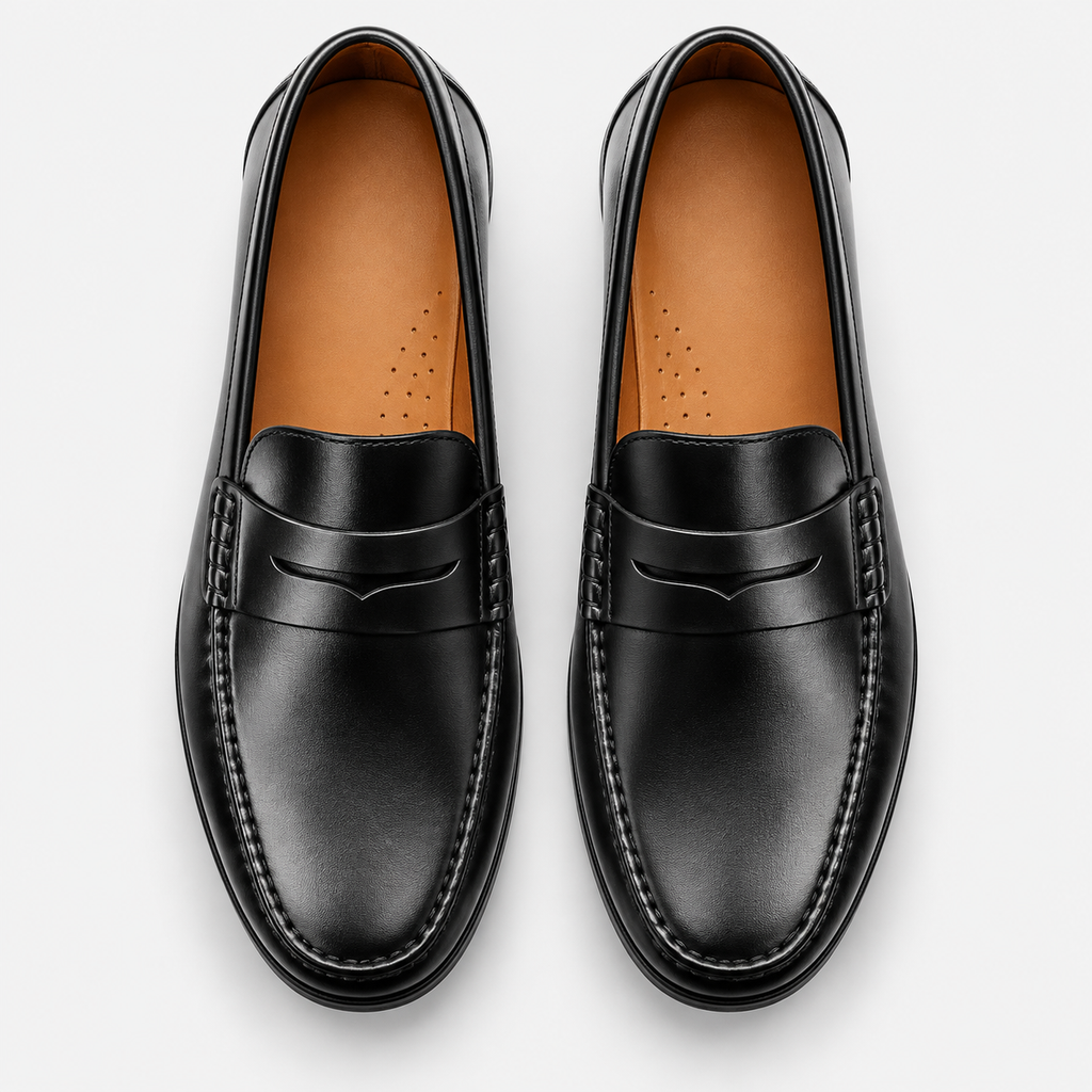 Mens Black Genuine Leather Penny Loafers – Slip-On Business Dress Wedding Office Shoes