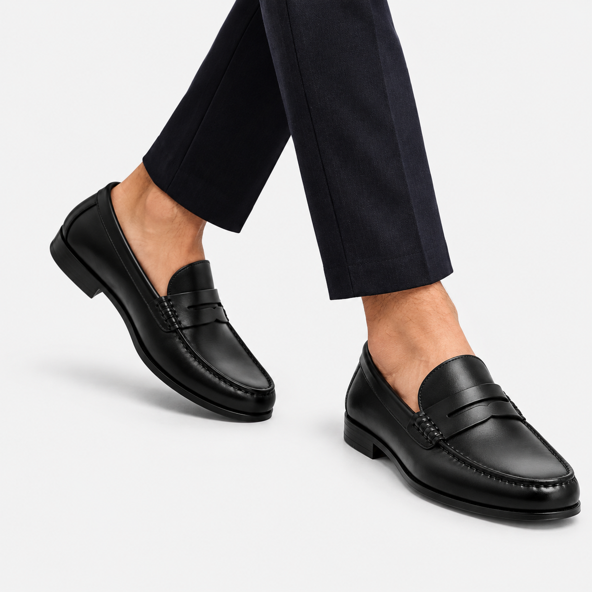 Mens Black Genuine Leather Penny Loafers – Slip-On Business Dress Wedding Office Shoes