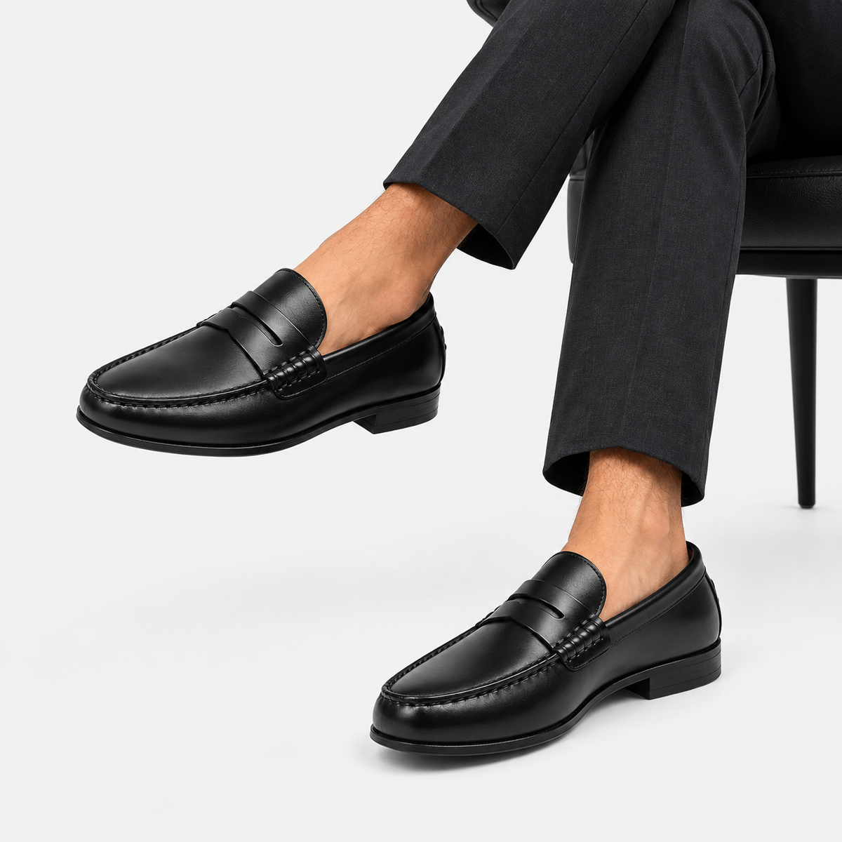 Mens Black Genuine Leather Penny Loafers – Slip-On Business Dress Wedding Office Shoes