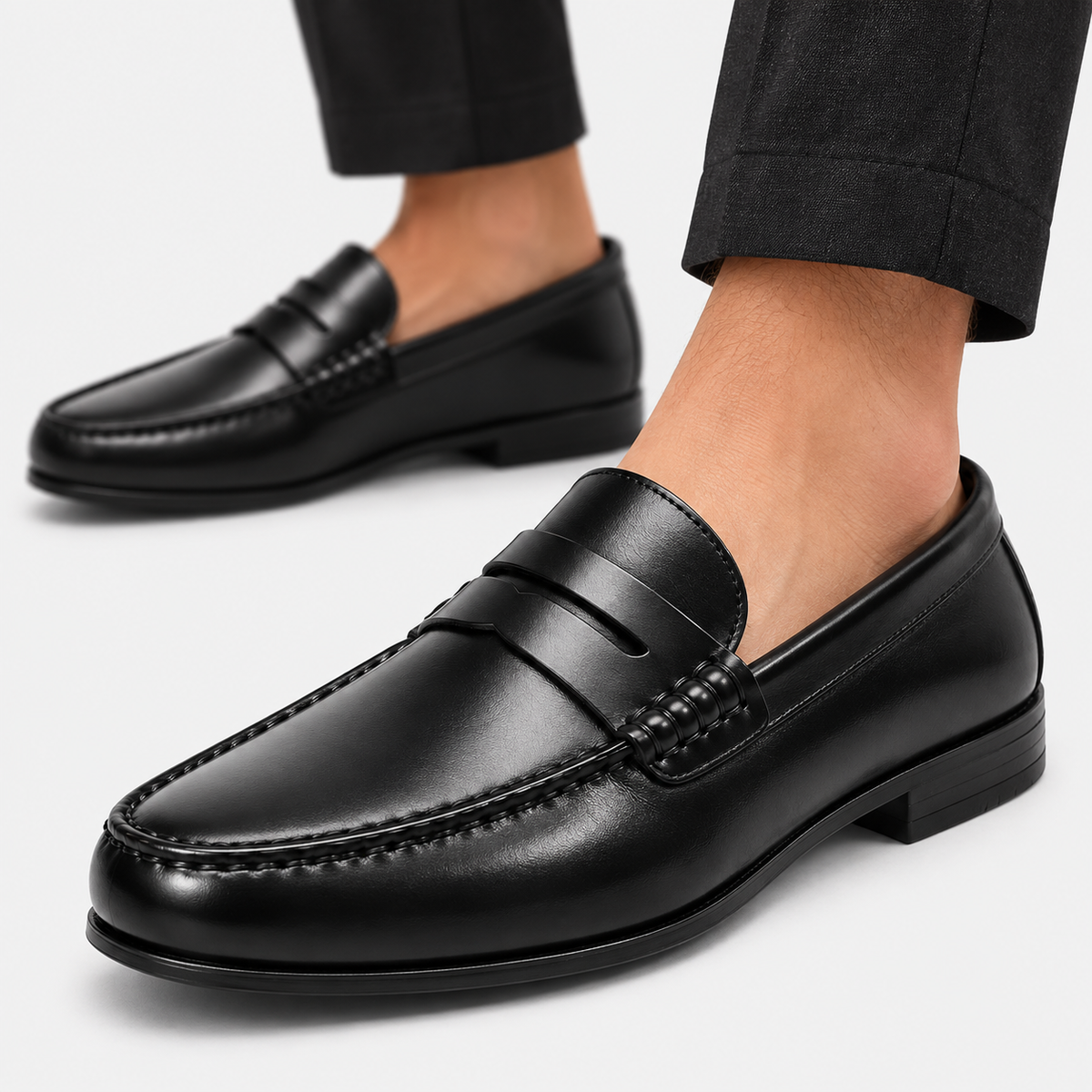 Mens Black Genuine Leather Penny Loafers – Slip-On Business Dress Wedding Office Shoes