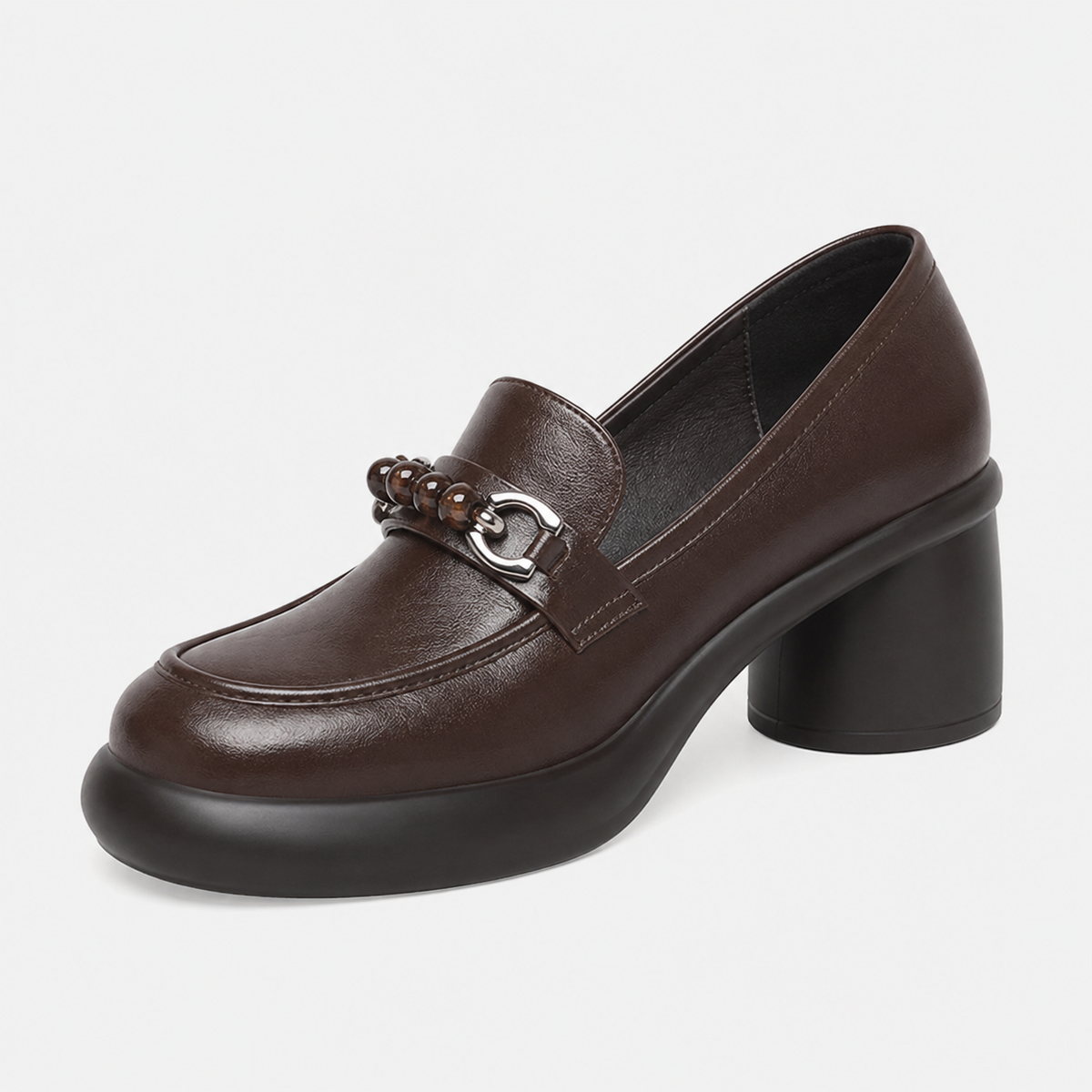 Women's Brown Chunky Heel Loafers – Beaded Buckle Leather Dress Shoes for Ladies
