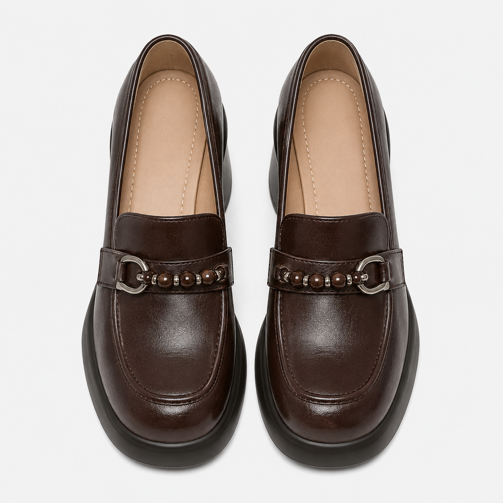 Women's Brown Chunky Heel Loafers – Beaded Buckle Leather Dress Shoes for Ladies