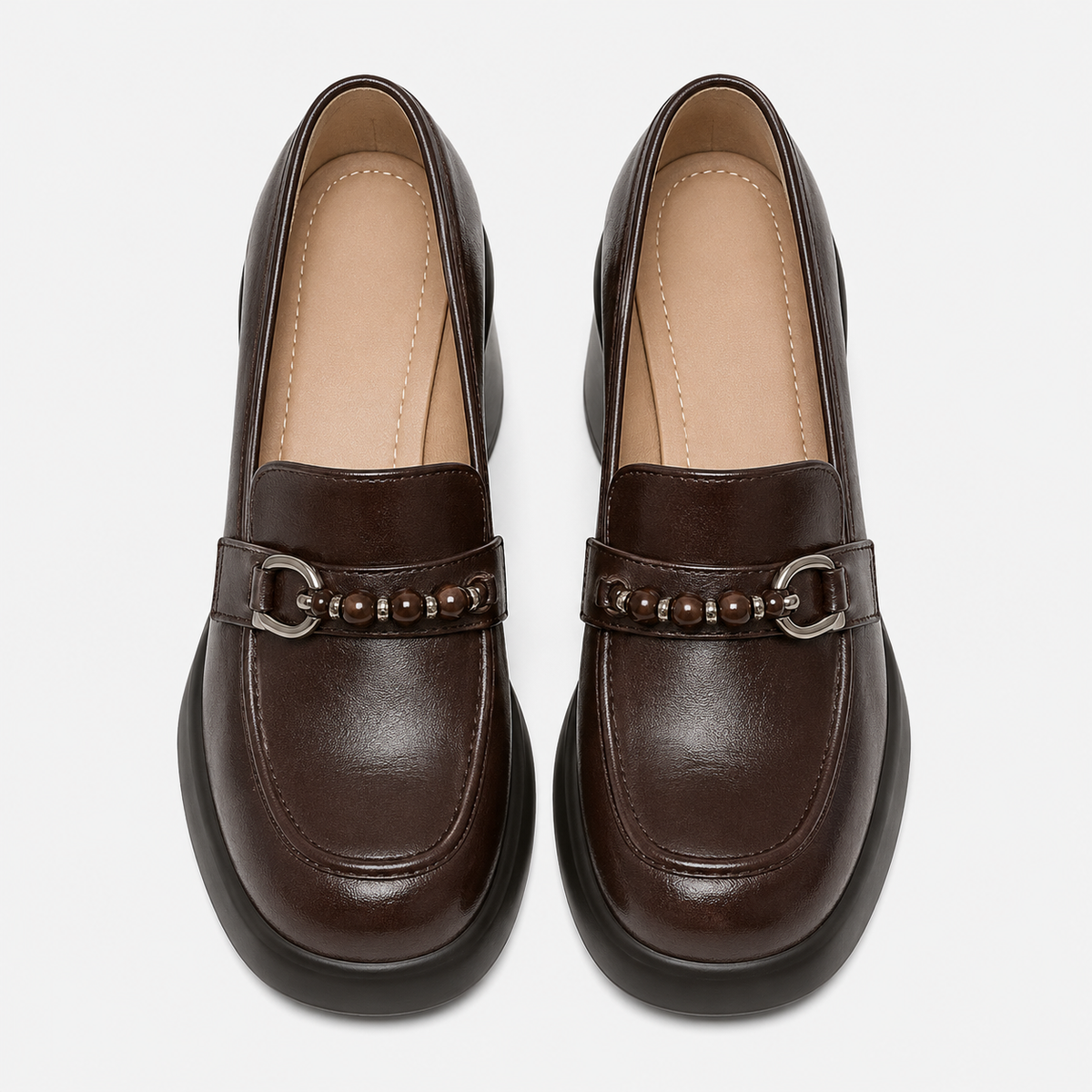 Women's Brown Chunky Heel Loafers – Beaded Buckle Leather Dress Shoes for Ladies