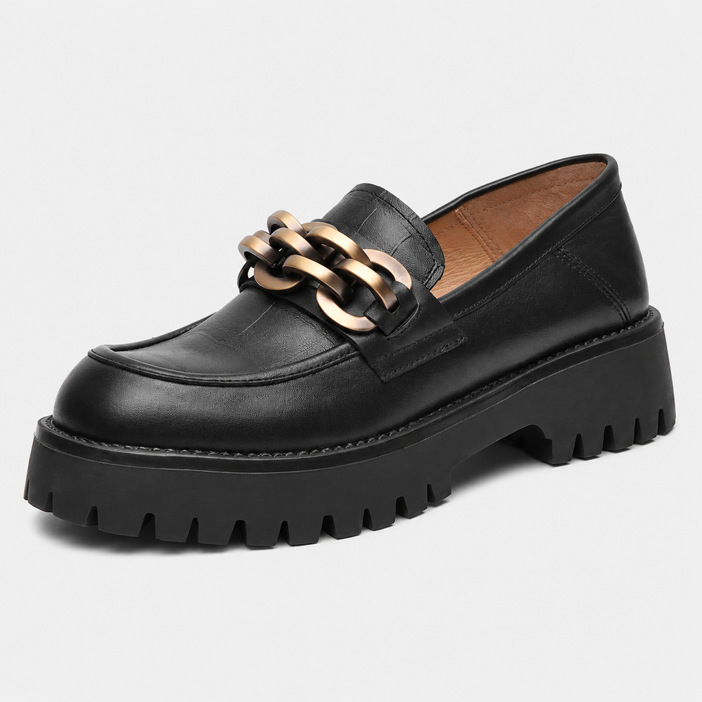 Women's Platform Loafers – Black Genuine Leather Chain Slip-On Shoes