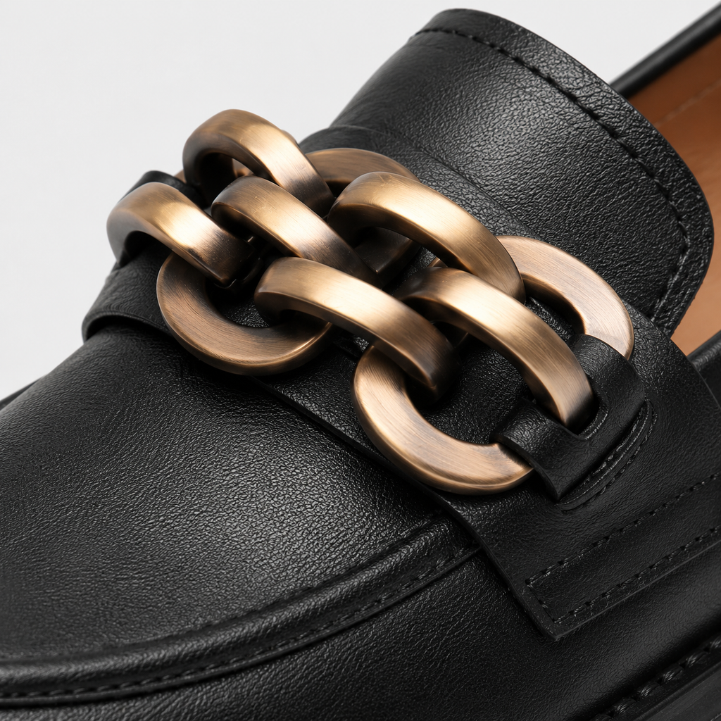 Women's Platform Loafers – Black Genuine Leather Chain Slip-On Shoes
