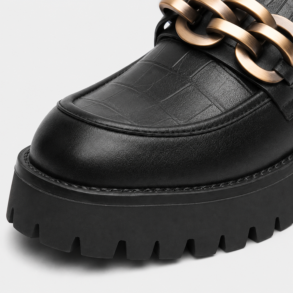 Women's Platform Loafers – Black Genuine Leather Chain Slip-On Shoes