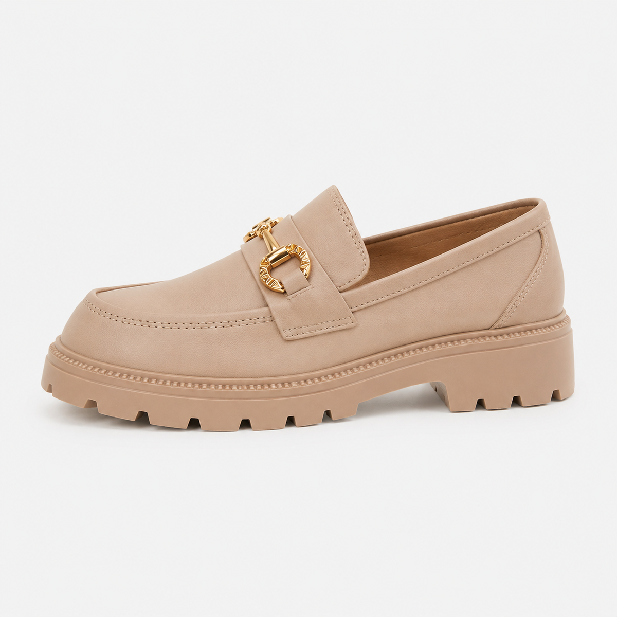 Women's Gold Buckle Loafers – Beige Retro British Style Round Toe Slip-On Shoes