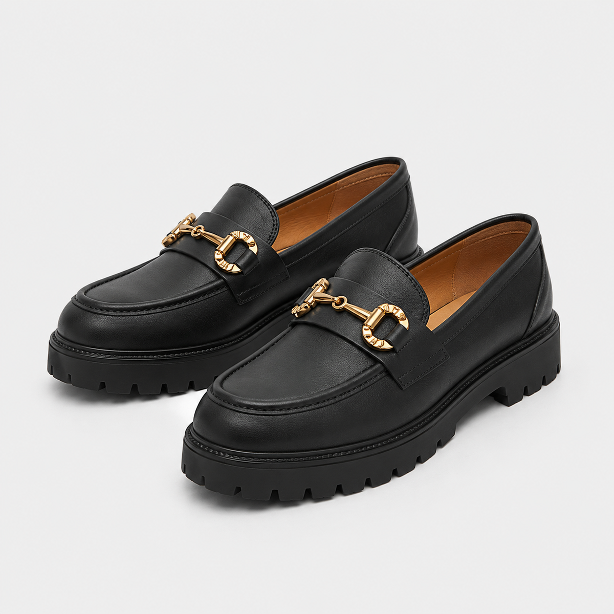 Women's Gold Buckle Loafers – Beige Retro British Style Round Toe Slip-On Shoes