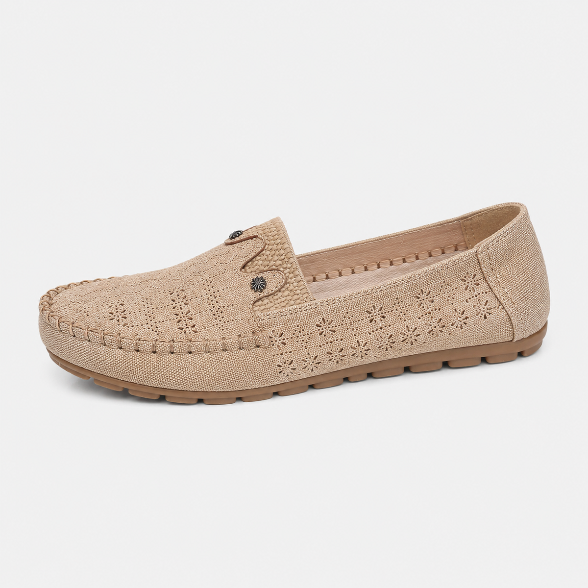 Women's Hollow Floral Loafers – Beige Lightweight Breathable Slip-On Flat Shoes