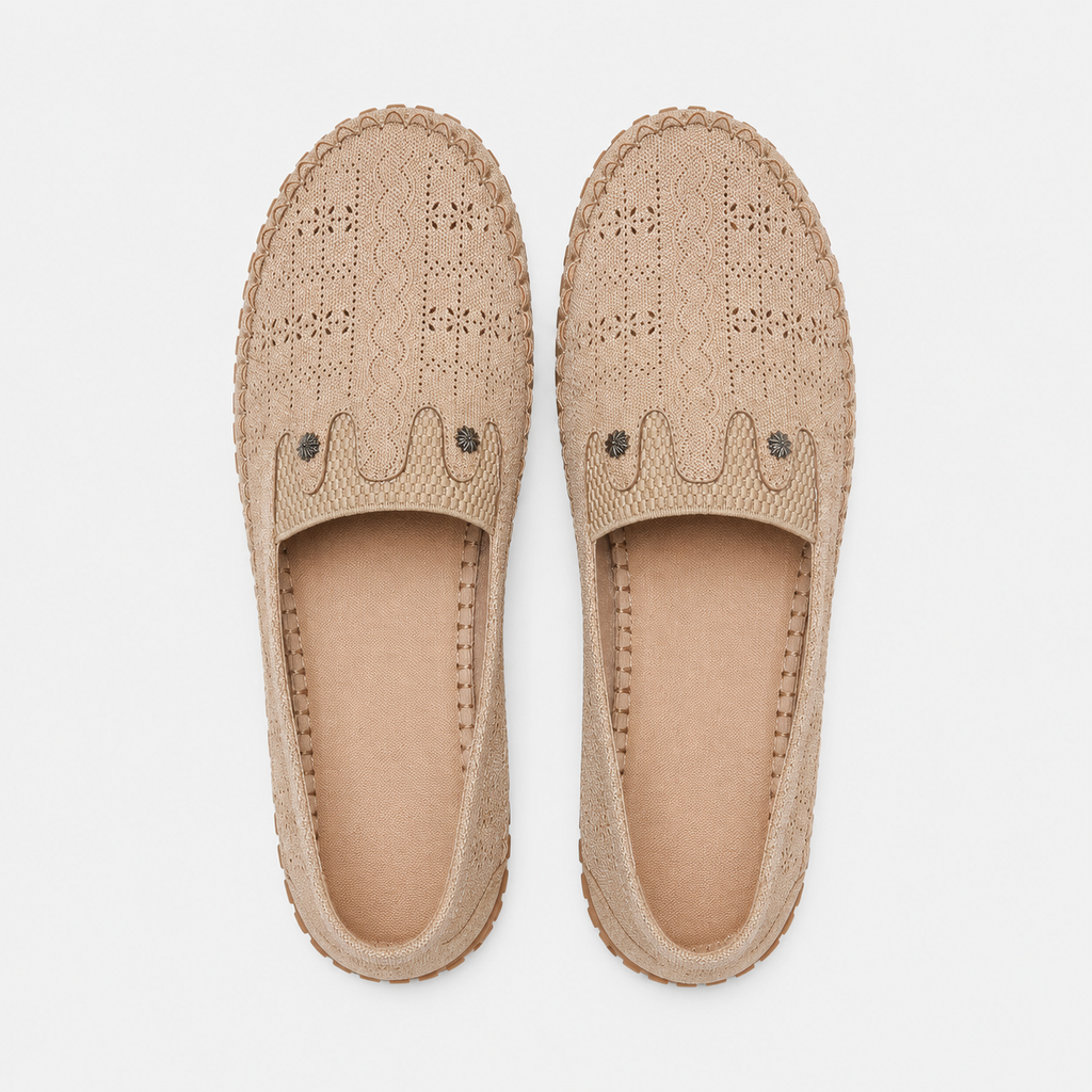 Women's Hollow Floral Loafers – Beige Lightweight Breathable Slip-On Flat Shoes