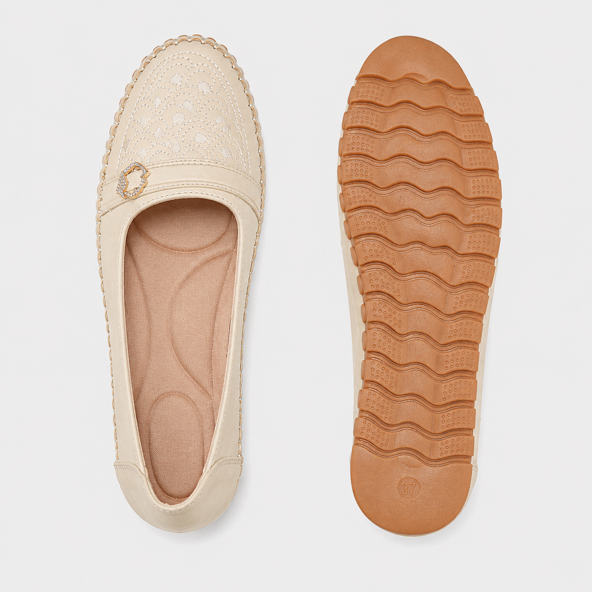 Women's Embroidered Slip-On Loafers – Beige Lightweight Wide Fit Breathable Flat Shoes