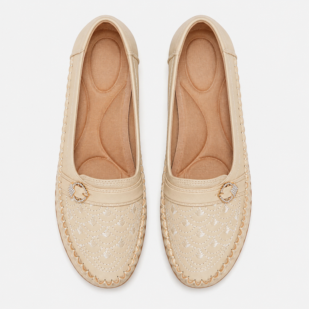 Women's Embroidered Slip-On Loafers – Beige Lightweight Wide Fit Breathable Flat Shoes