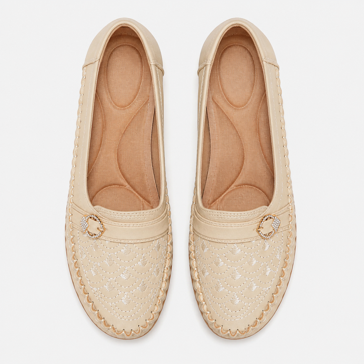 Women's Embroidered Slip-On Loafers – Beige Lightweight Wide Fit Breathable Flat Shoes