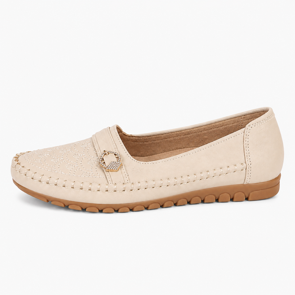 Women's Embroidered Slip-On Loafers – Beige Lightweight Wide Fit Breathable Flat Shoes