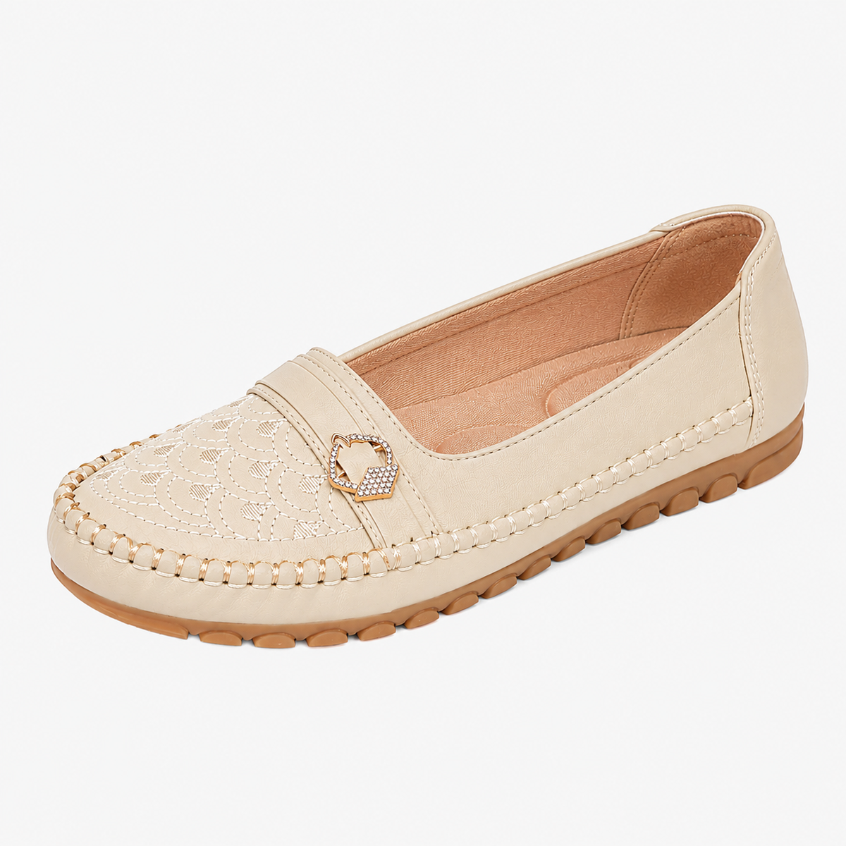 Women's Embroidered Slip-On Loafers – Beige Lightweight Wide Fit Breathable Flat Shoes
