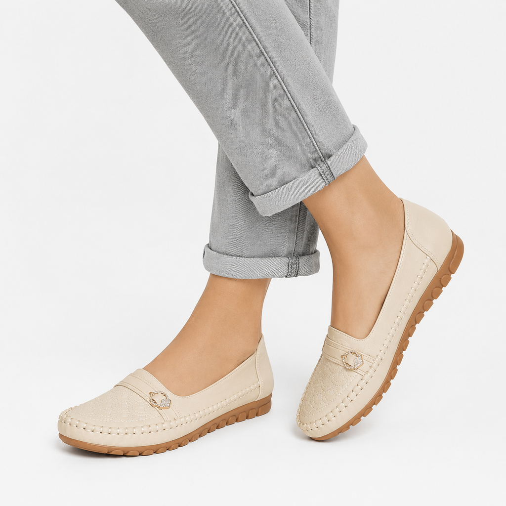 Women's Embroidered Slip-On Loafers – Beige Lightweight Wide Fit Breathable Flat Shoes