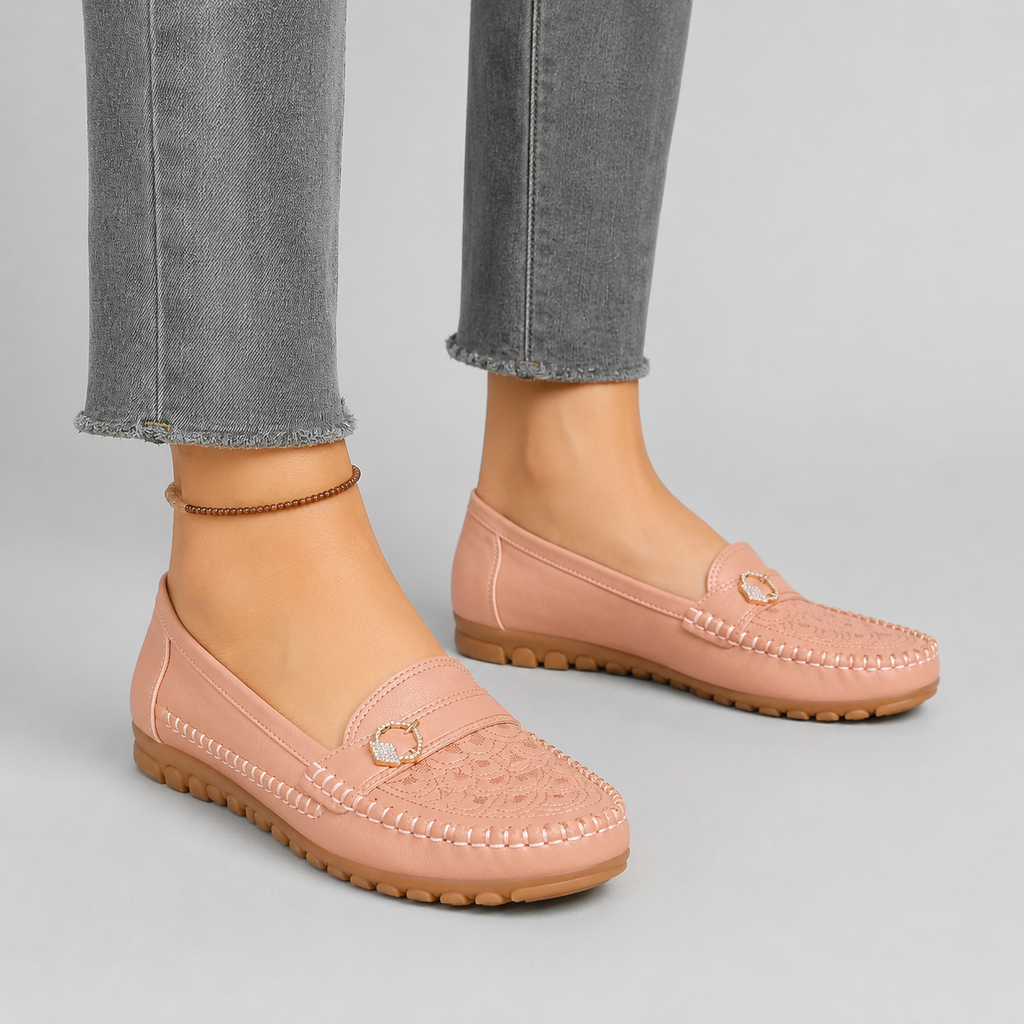 Women's Embroidered Slip-On Loafers – Beige Lightweight Wide Fit Breathable Flat Shoes