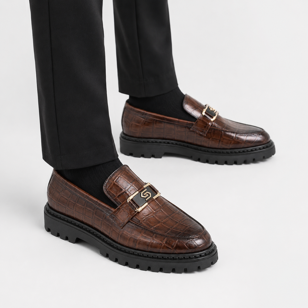 Men's Patent Leather Platform Loafers – Brown Thick Sole Formal Business Wedding Shoes