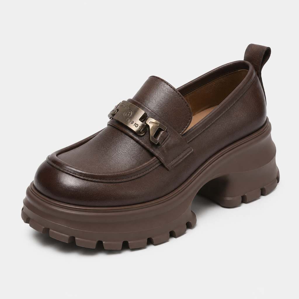 Women's Genuine Leather Platform Loafers – Brown Thick Sole Casual Office Flat Shoes