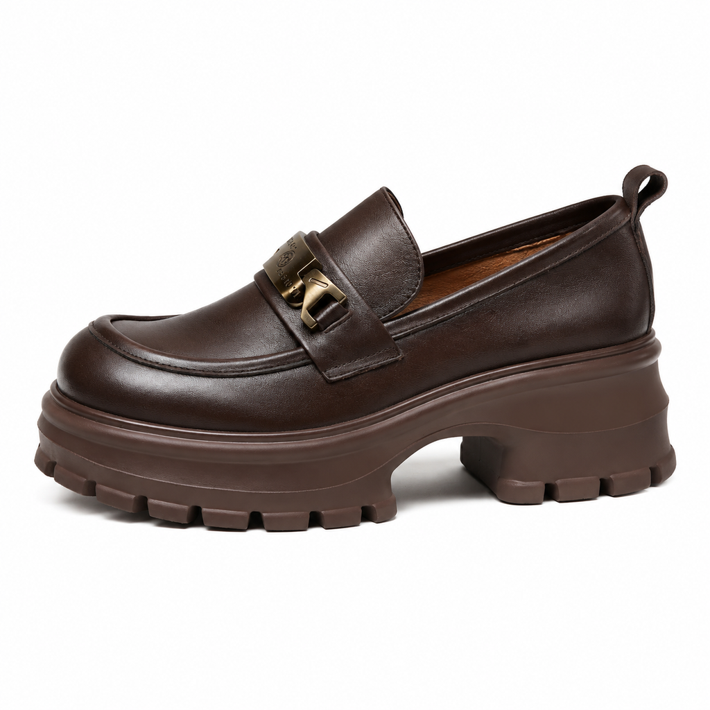 Women's Genuine Leather Platform Loafers – Brown Thick Sole Casual Office Flat Shoes