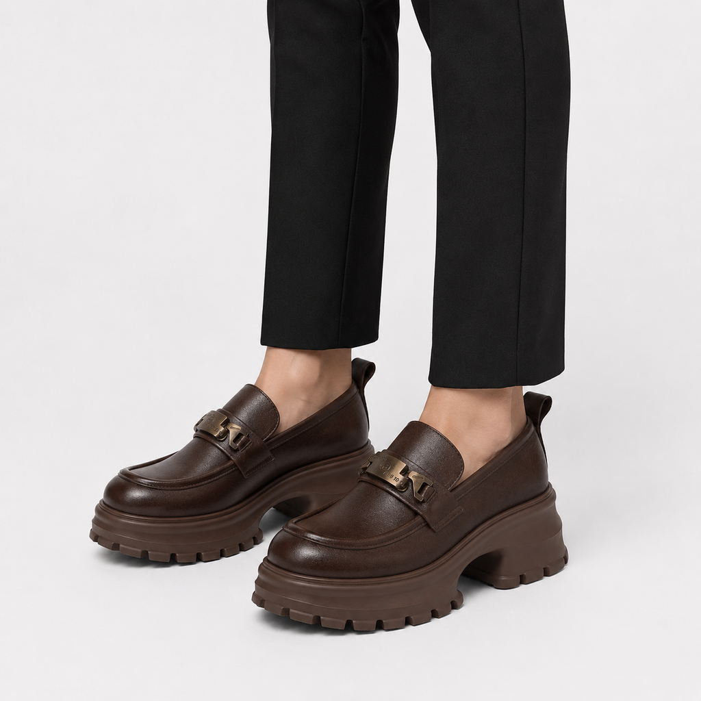 Women's Genuine Leather Platform Loafers – Brown Thick Sole Casual Office Flat Shoes