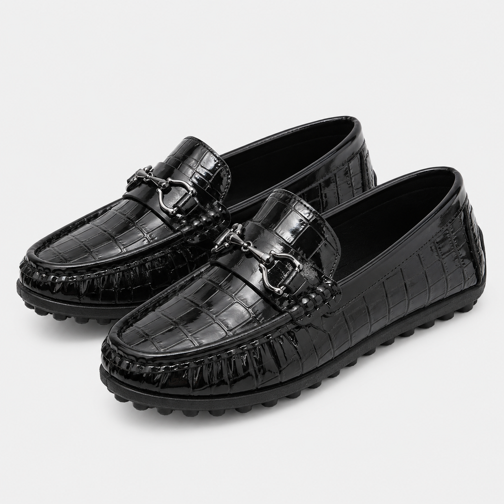 Boys Leather Loafers – Black Glossy Buckle Soft Sole Kids Casual Moccasin Shoes