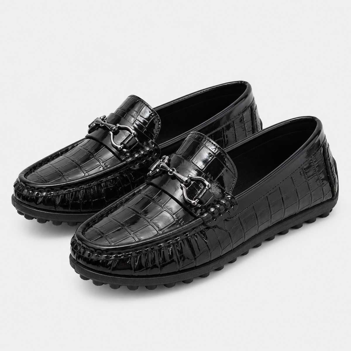 Boys Leather Loafers – Black Glossy Buckle Soft Sole Kids Casual Moccasin Shoes