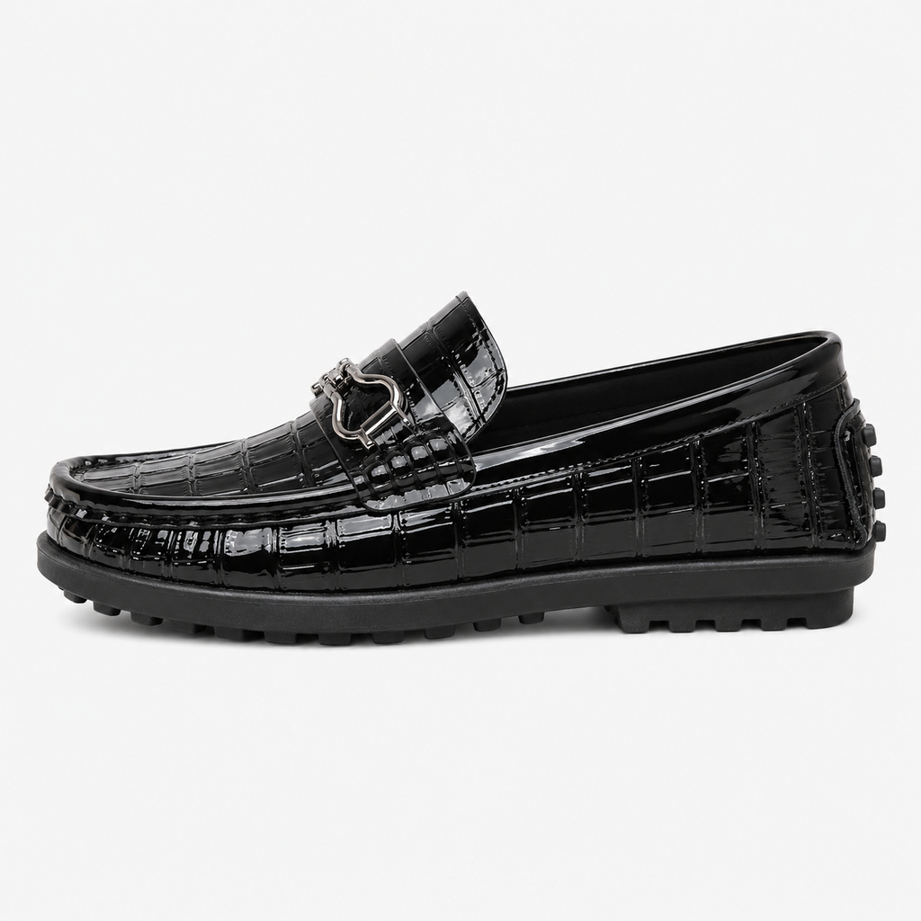 Boys Leather Loafers – Black Glossy Buckle Soft Sole Kids Casual Moccasin Shoes