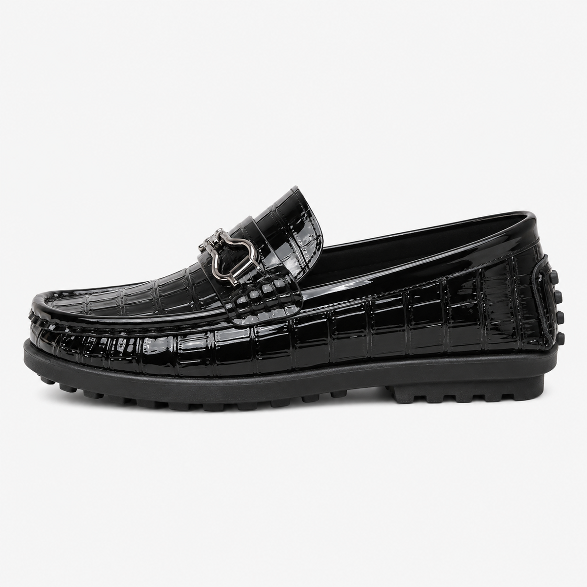 Boys Leather Loafers – Black Glossy Buckle Soft Sole Kids Casual Moccasin Shoes