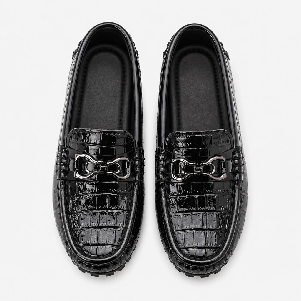 Boys Leather Loafers – Black Glossy Buckle Soft Sole Kids Casual Moccasin Shoes