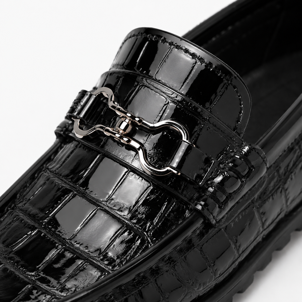 Boys Leather Loafers – Black Glossy Buckle Soft Sole Kids Casual Moccasin Shoes