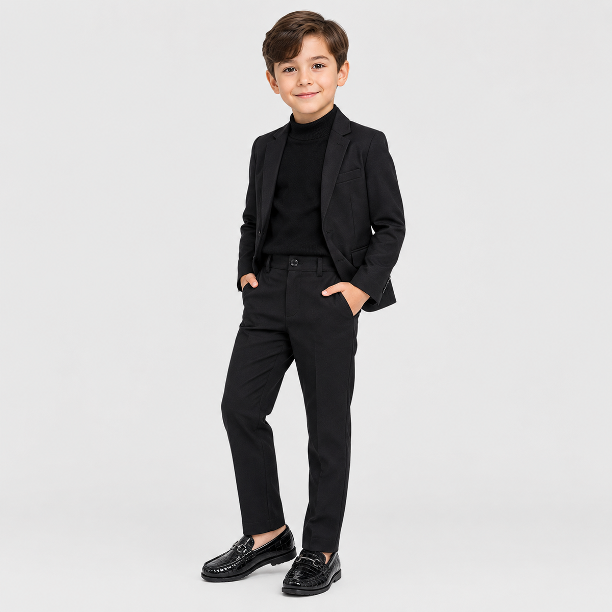 Boys Leather Loafers – Black Glossy Buckle Soft Sole Kids Casual Moccasin Shoes