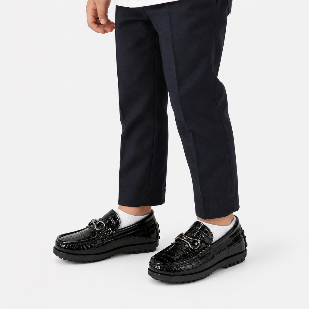 Boys Leather Loafers – Black Glossy Buckle Soft Sole Kids Casual Moccasin Shoes