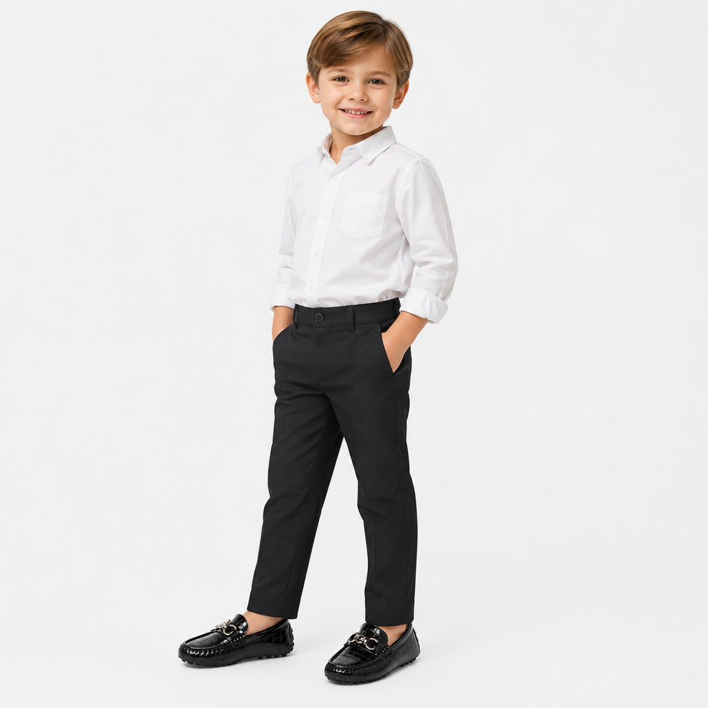 Boys Leather Loafers – Black Glossy Buckle Soft Sole Kids Casual Moccasin Shoes