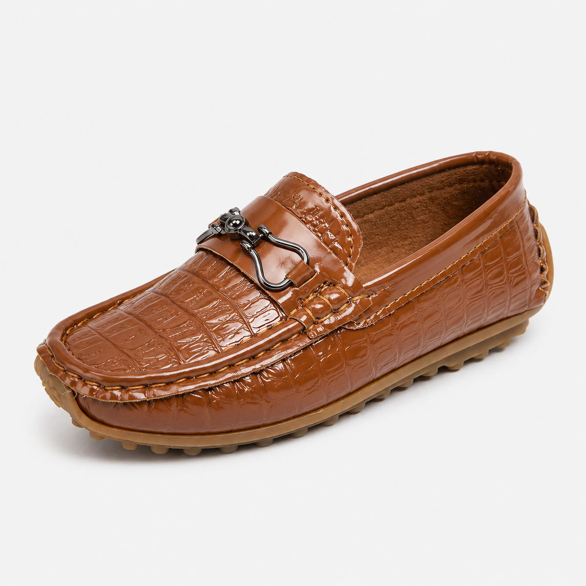 Boys Leather Loafers – Black Glossy Buckle Soft Sole Kids Casual Moccasin Shoes