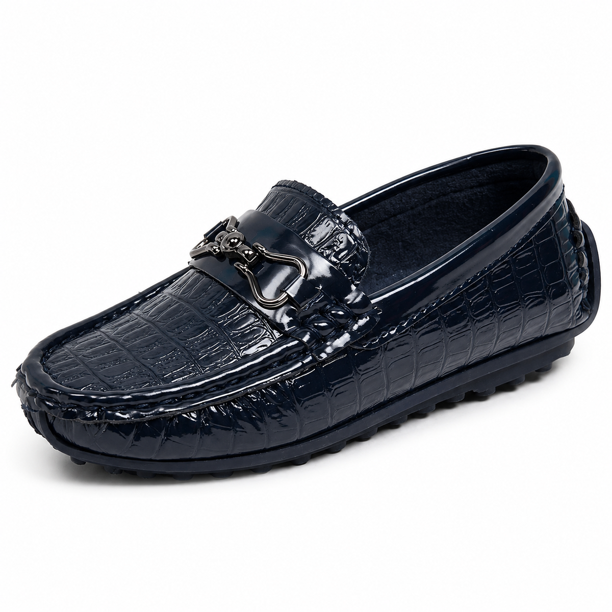 Boys Leather Loafers – Black Glossy Buckle Soft Sole Kids Casual Moccasin Shoes