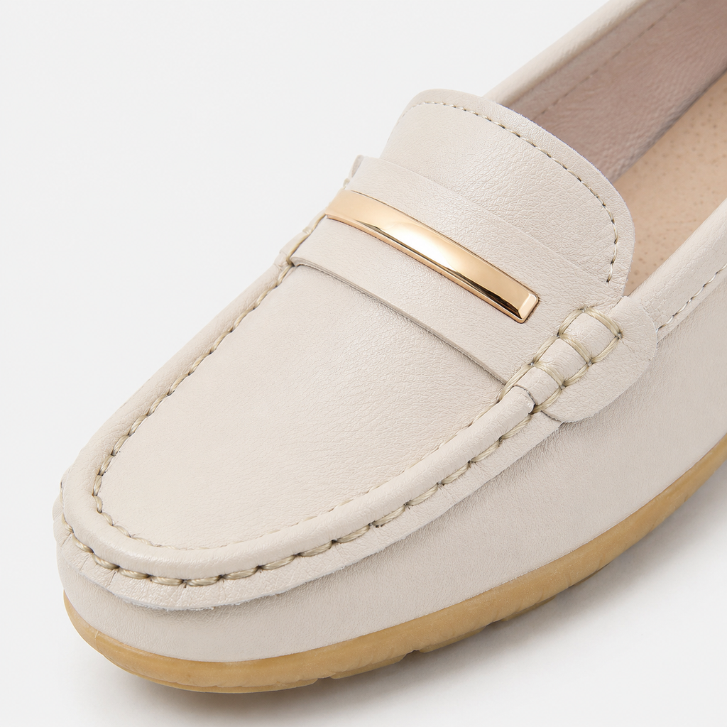 Womens Genuine Leather Loafers – Beige Comfortable Slip-On Flat Shoes for Spring & Autumn