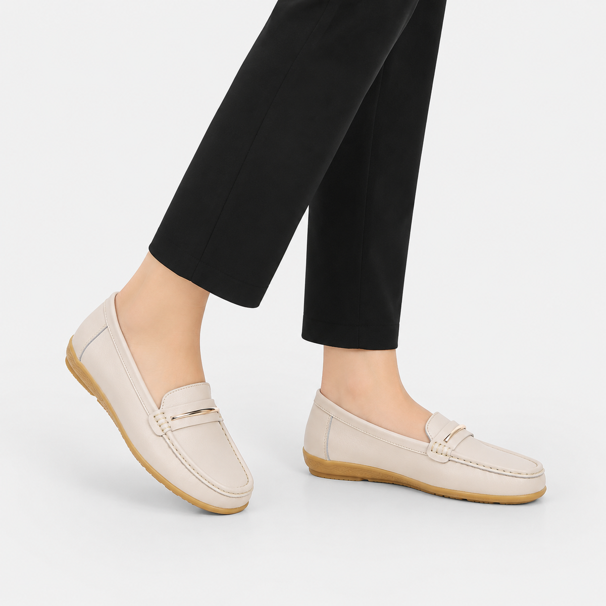 Womens Genuine Leather Loafers – Beige Comfortable Slip-On Flat Shoes for Spring & Autumn